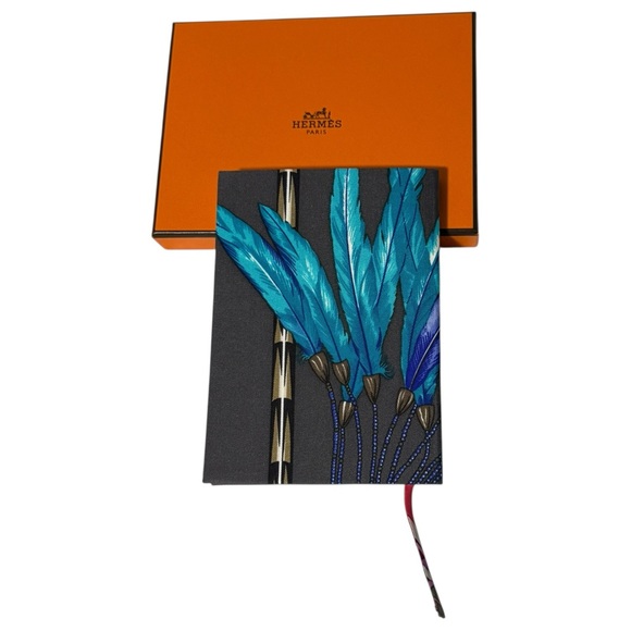 Hermes Other - Hermes Brazil Silk Notebook Multicolor Blue Grey Feather Motif New With Box